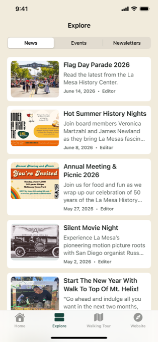 Explore section in the La Mesa History Center mobile app
